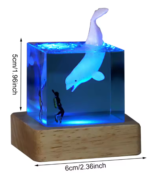 Resin White Dolphin With Diver +Wood Base with Light 